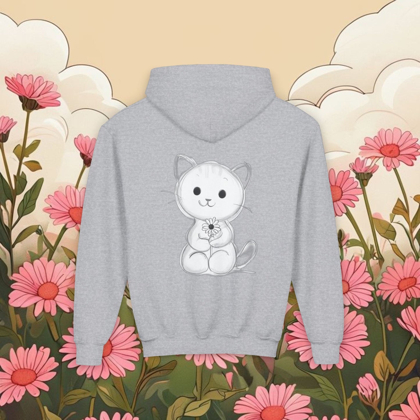 Adorable Cat Kitten Graphic Youth Hoodie - Cute Floral Design