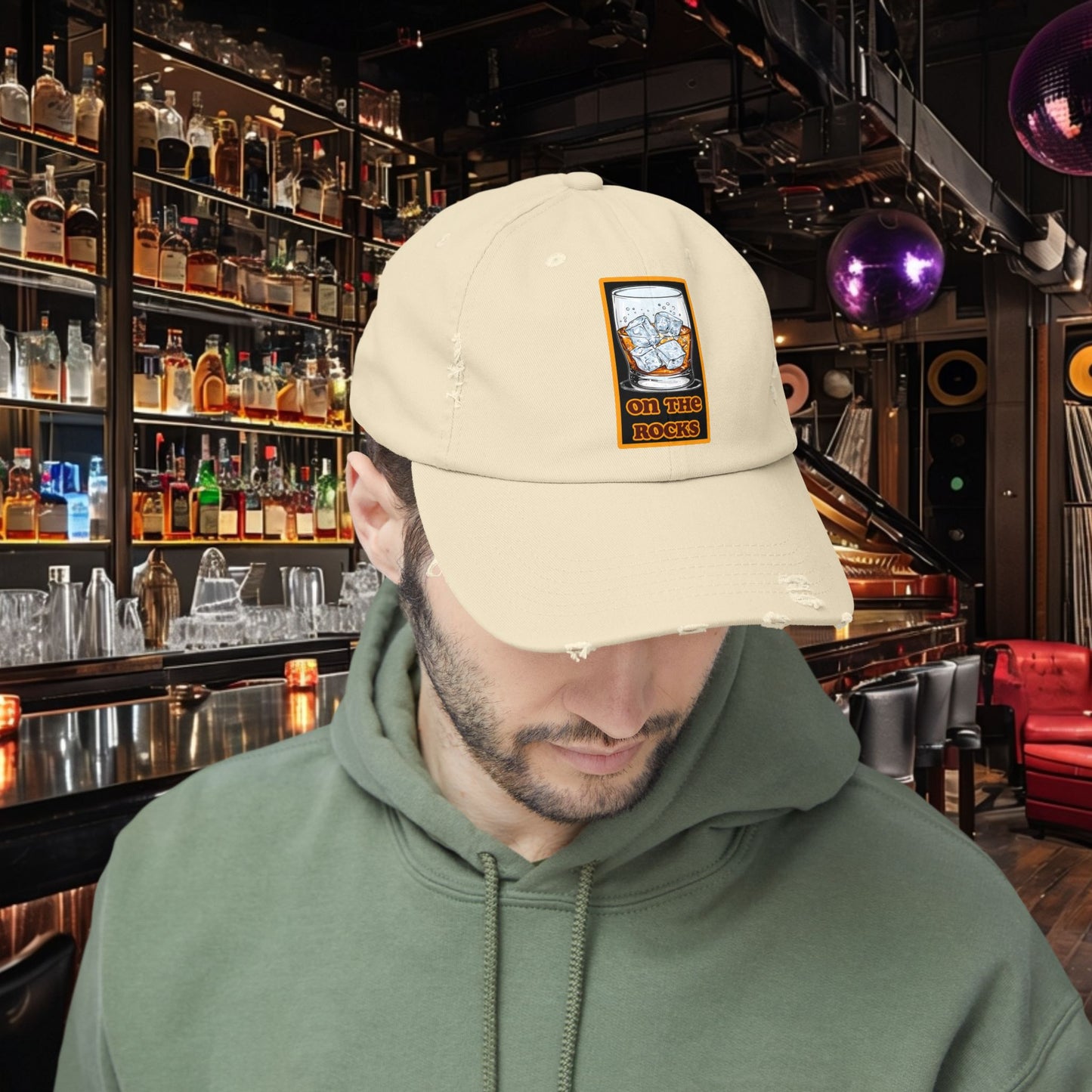 Unisex Distressed Cap - 'On The Rocks' Drink Design for Casual Cool Vibes