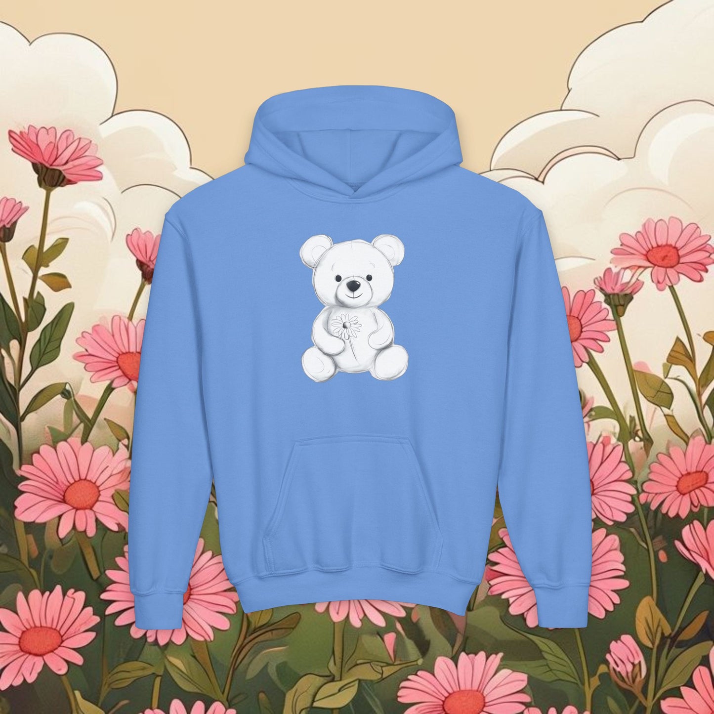 Adorable Bear Graphic Youth Hoodie - Cute Floral Design