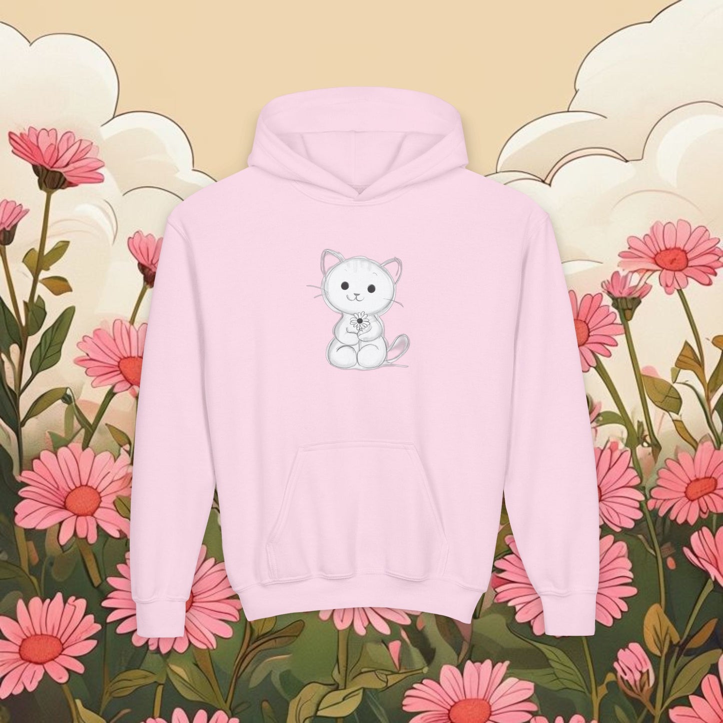 Adorable Cat Kitten Graphic Youth Hoodie - Cute Floral Design