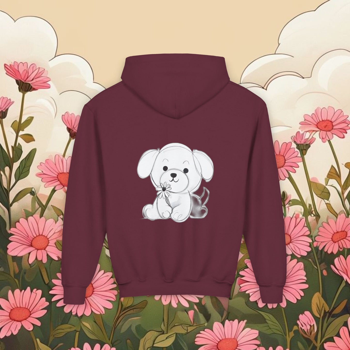 Adorable dog puppy Graphic Youth Hoodie - Cute Floral Design