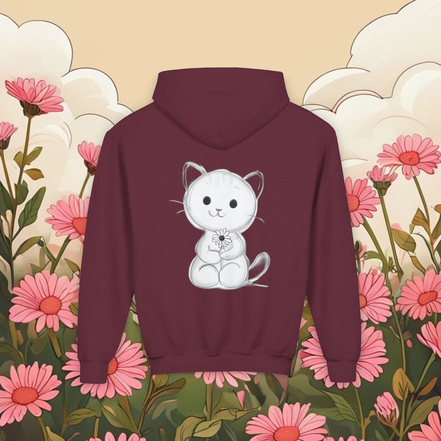 Adorable Cat Kitten Graphic Youth Hoodie - Cute Floral Design