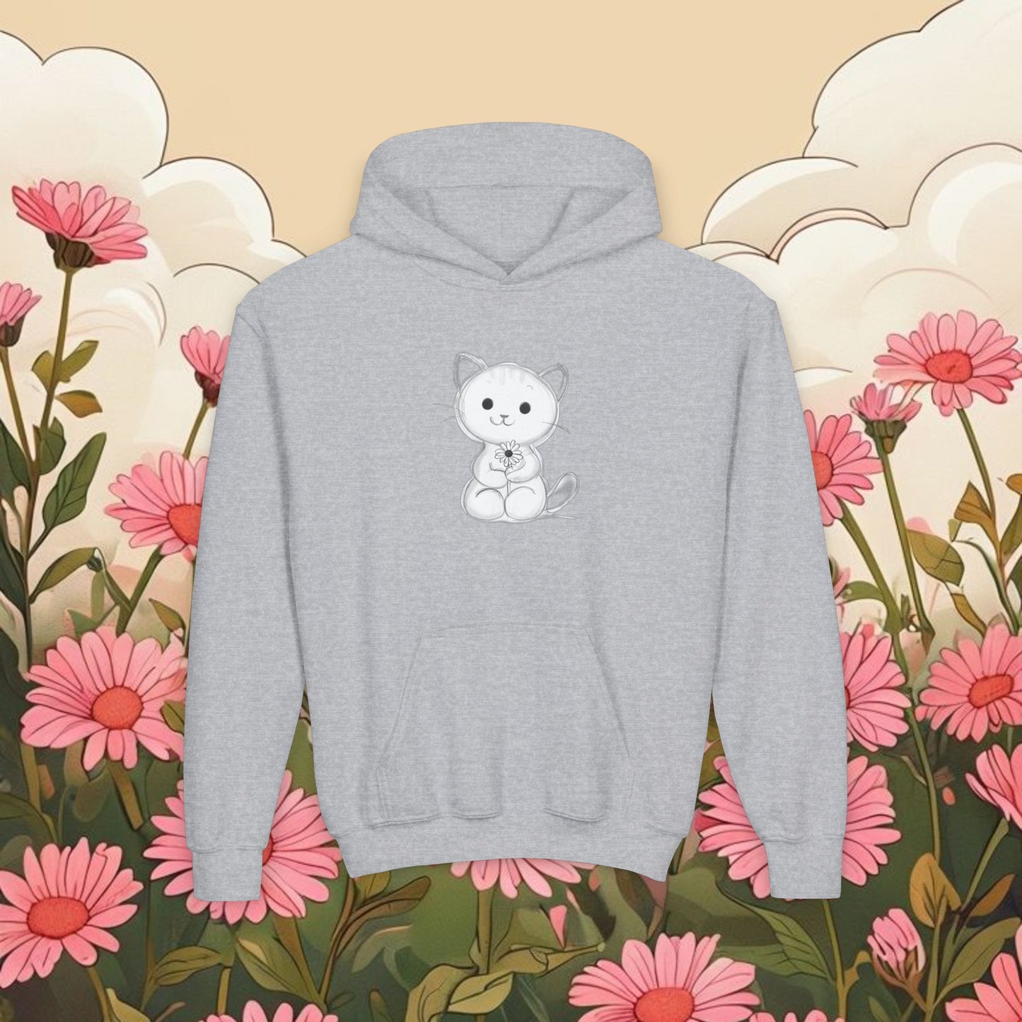 Adorable Cat Kitten Graphic Youth Hoodie - Cute Floral Design