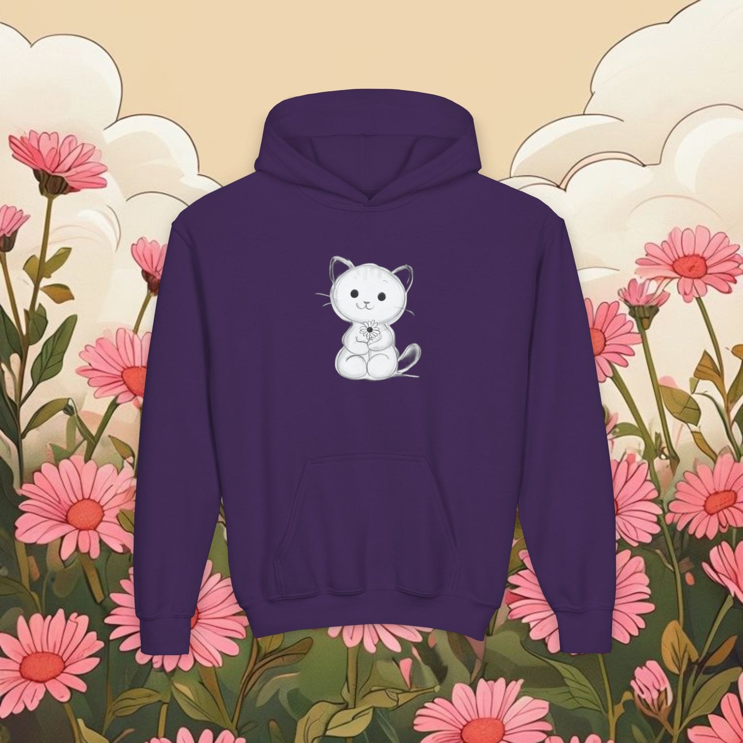 Adorable Cat Kitten Graphic Youth Hoodie - Cute Floral Design