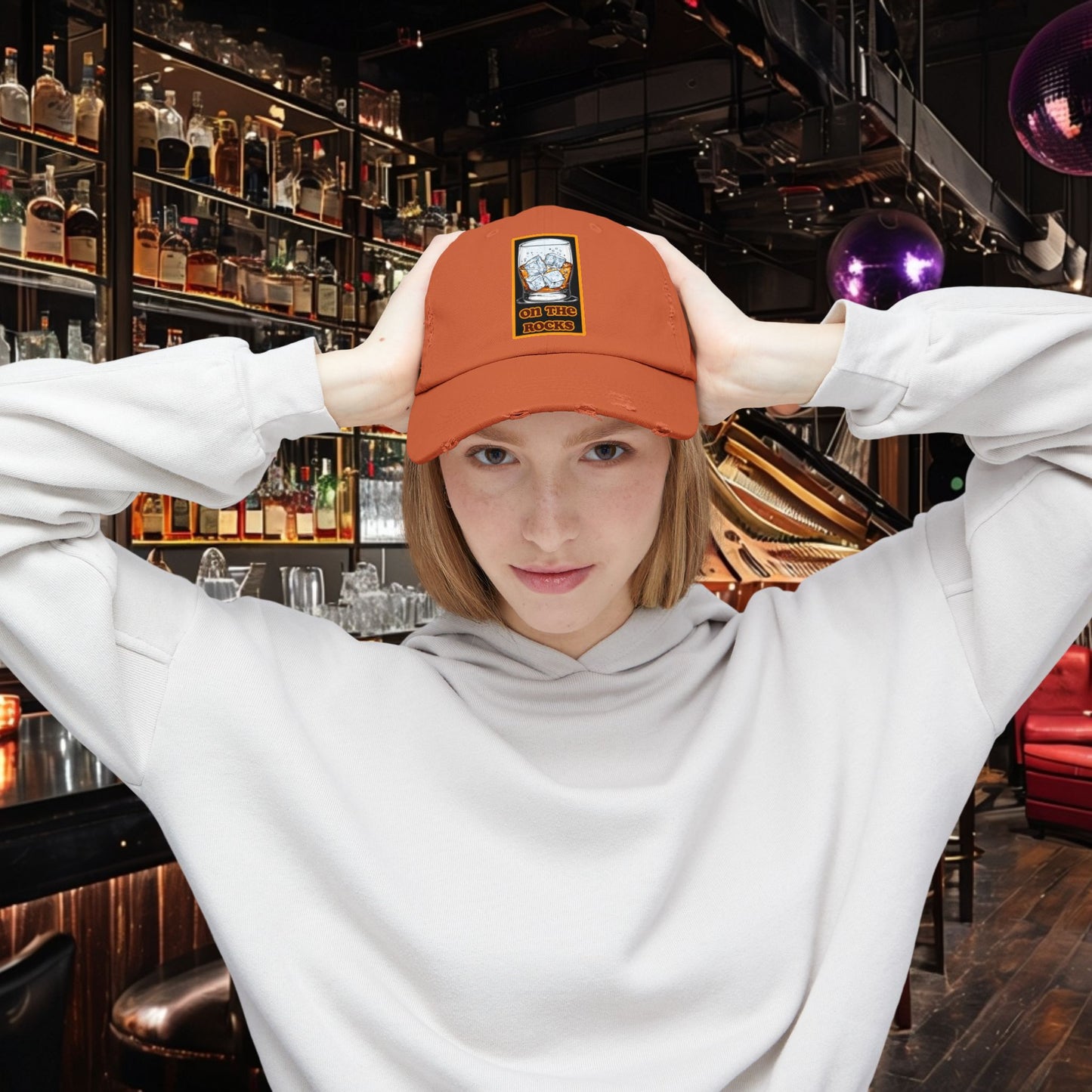 Unisex Distressed Cap - 'On The Rocks' Drink Design for Casual Cool Vibes