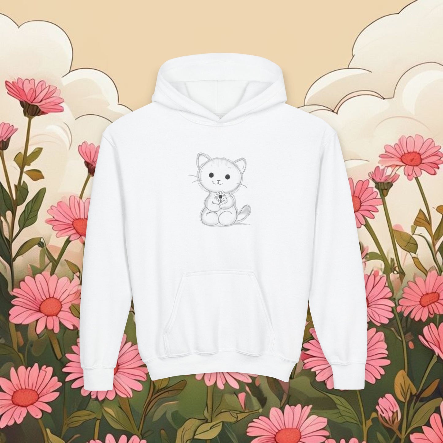 Adorable Cat Kitten Graphic Youth Hoodie - Cute Floral Design