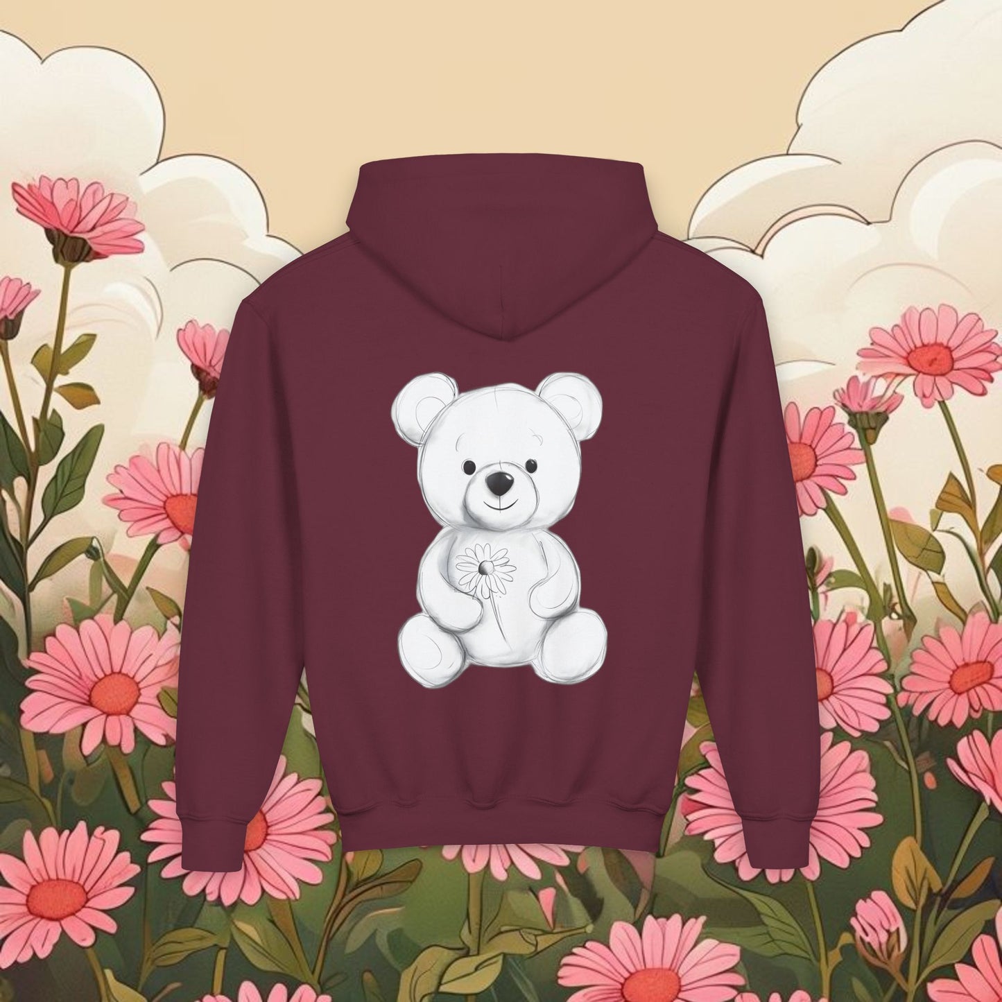 Adorable Bear Graphic Youth Hoodie - Cute Floral Design