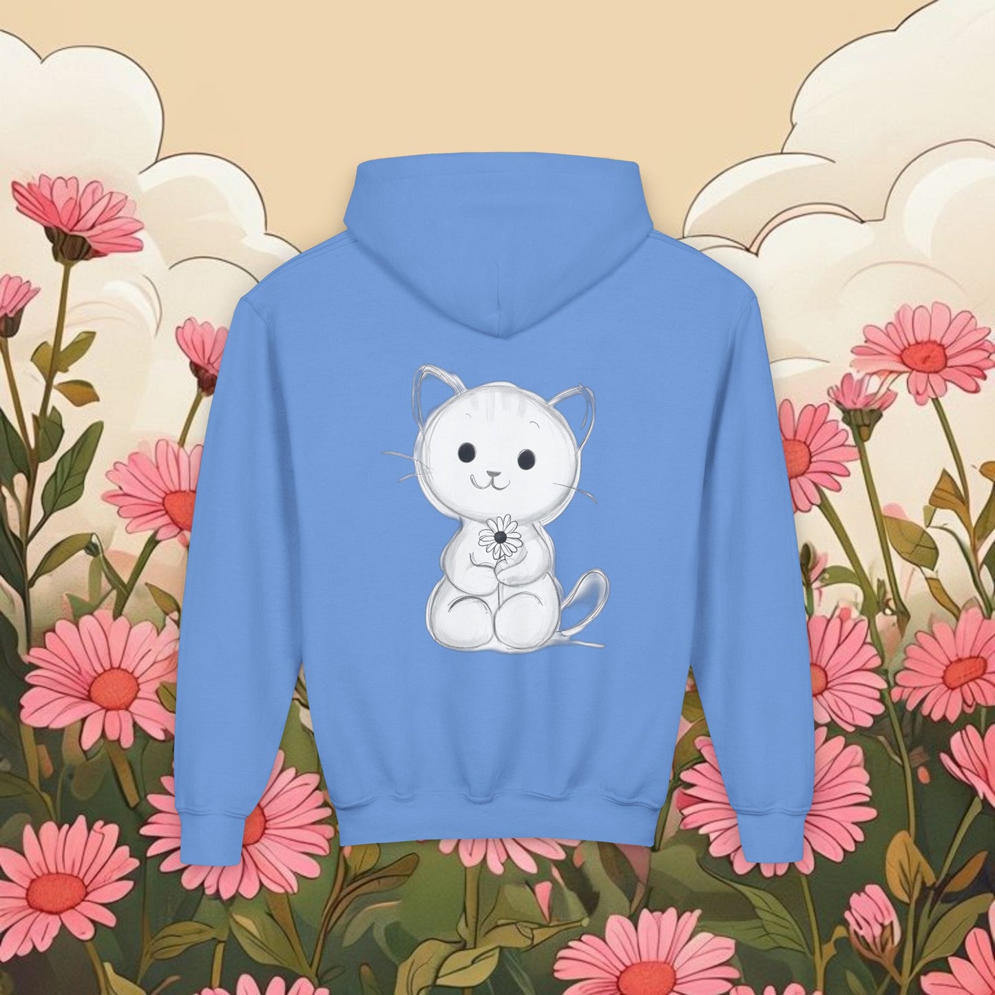 Adorable Cat Kitten Graphic Youth Hoodie - Cute Floral Design