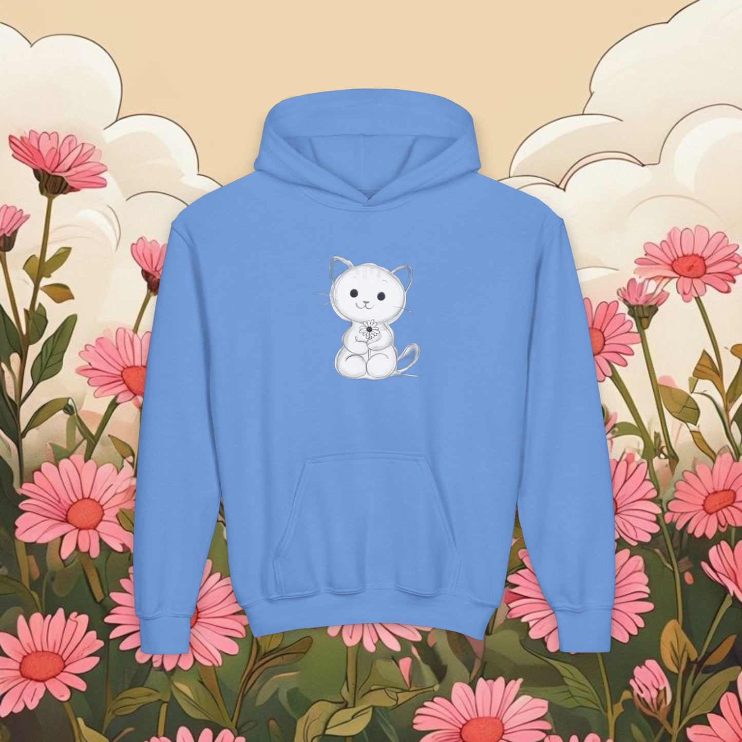 Adorable Cat Kitten Graphic Youth Hoodie - Cute Floral Design