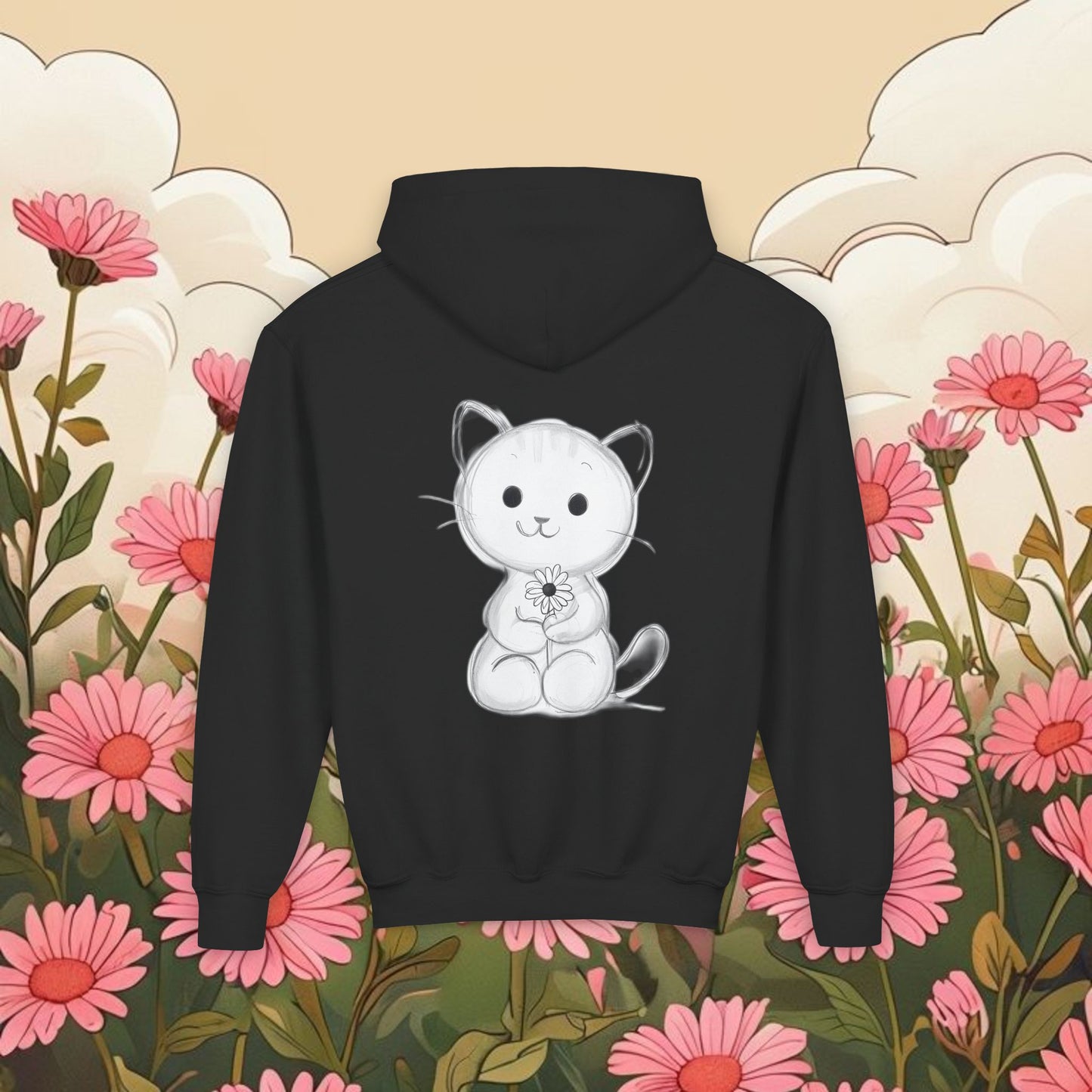 Adorable Cat Kitten Graphic Youth Hoodie - Cute Floral Design