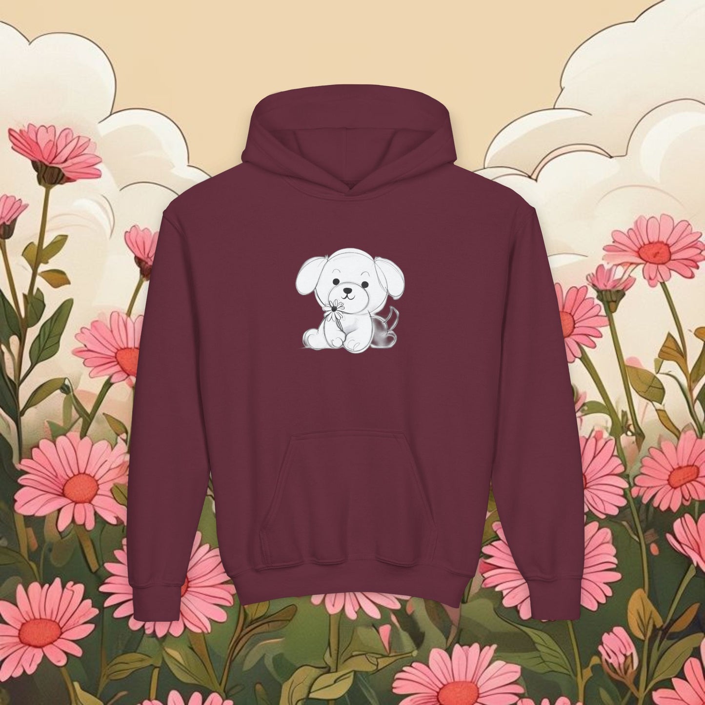 Adorable dog puppy Graphic Youth Hoodie - Cute Floral Design