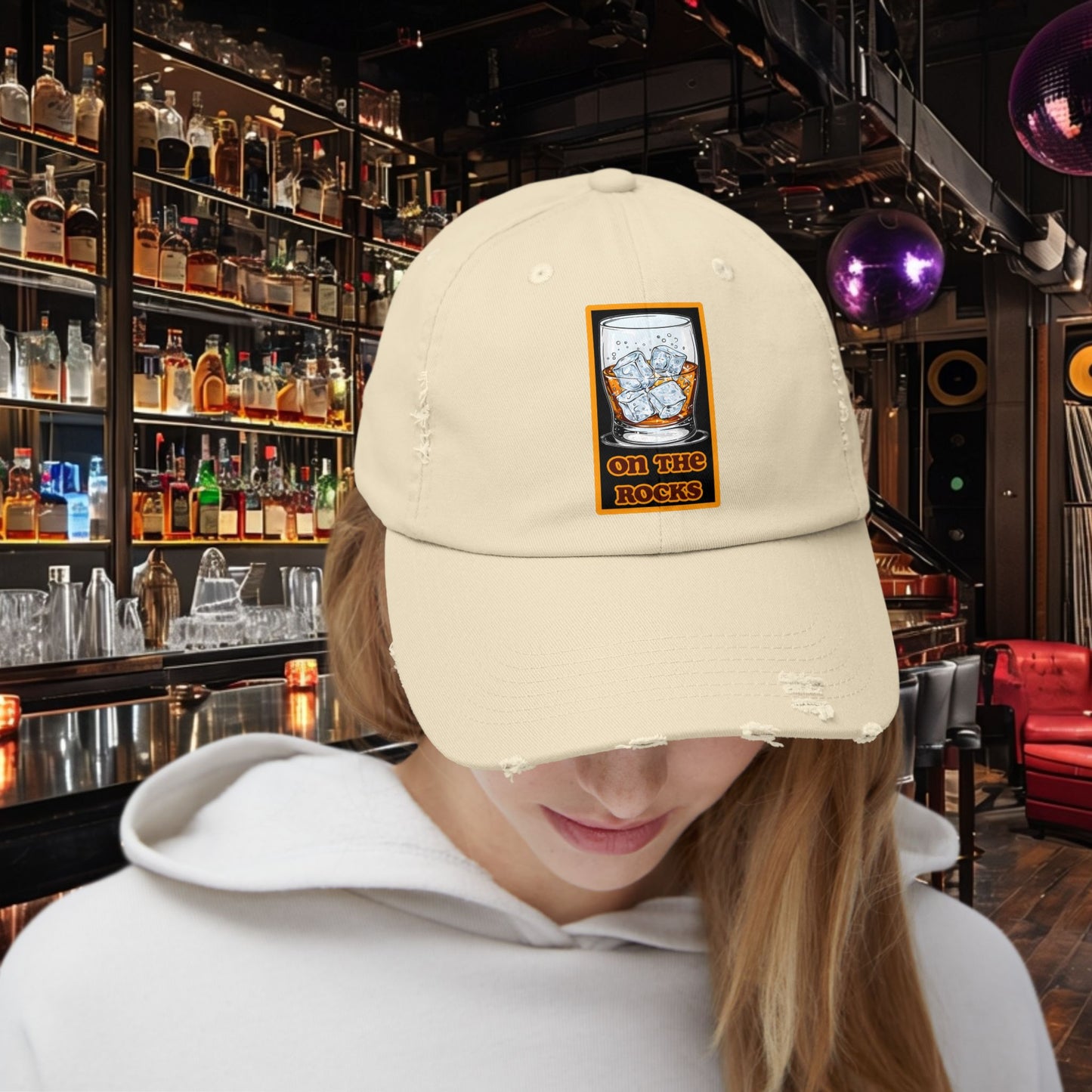Unisex Distressed Cap - 'On The Rocks' Drink Design for Casual Cool Vibes