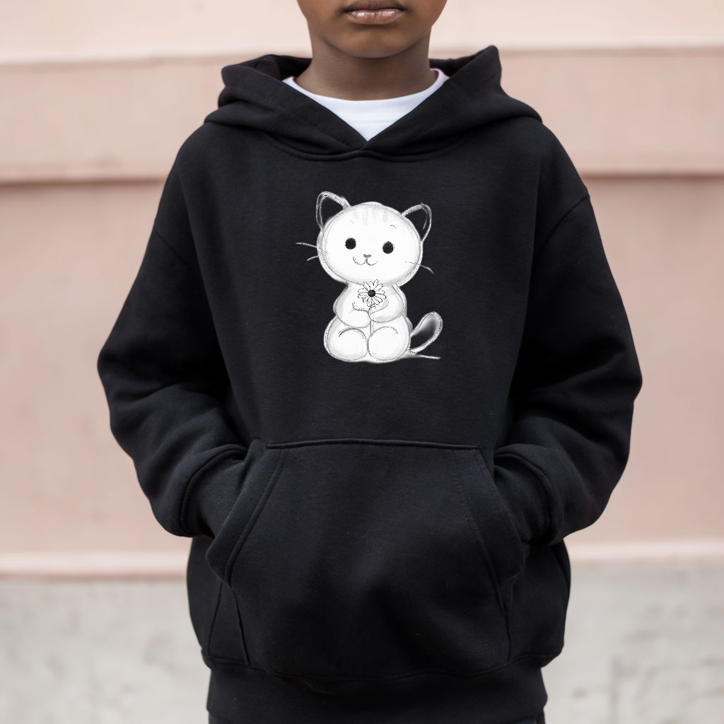 Adorable Cat Kitten Graphic Youth Hoodie - Cute Floral Design