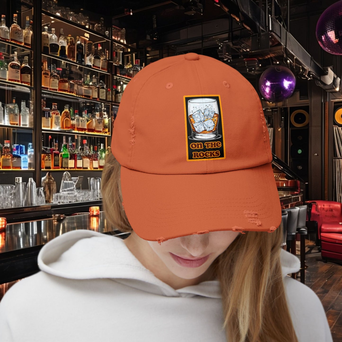 Unisex Distressed Cap - 'On The Rocks' Drink Design for Casual Cool Vibes