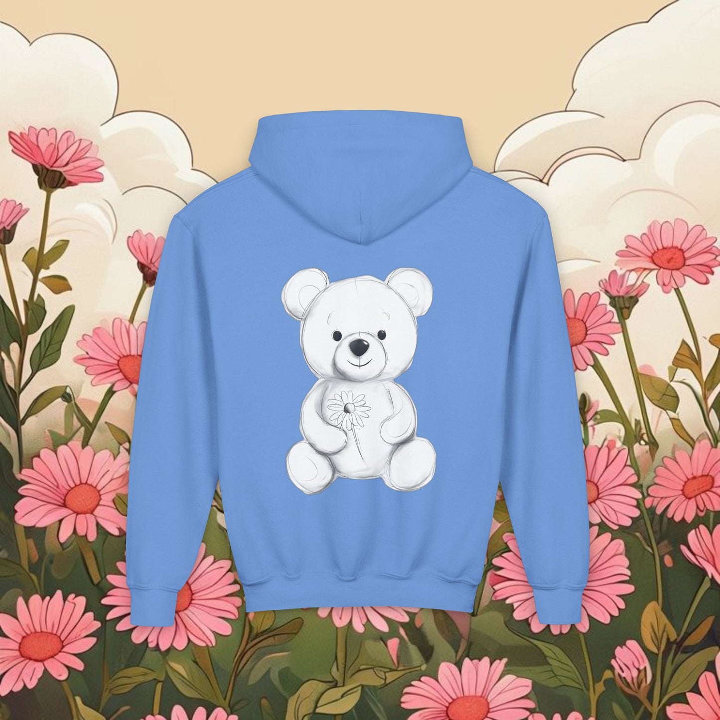 Adorable Bear Graphic Youth Hoodie - Cute Floral Design