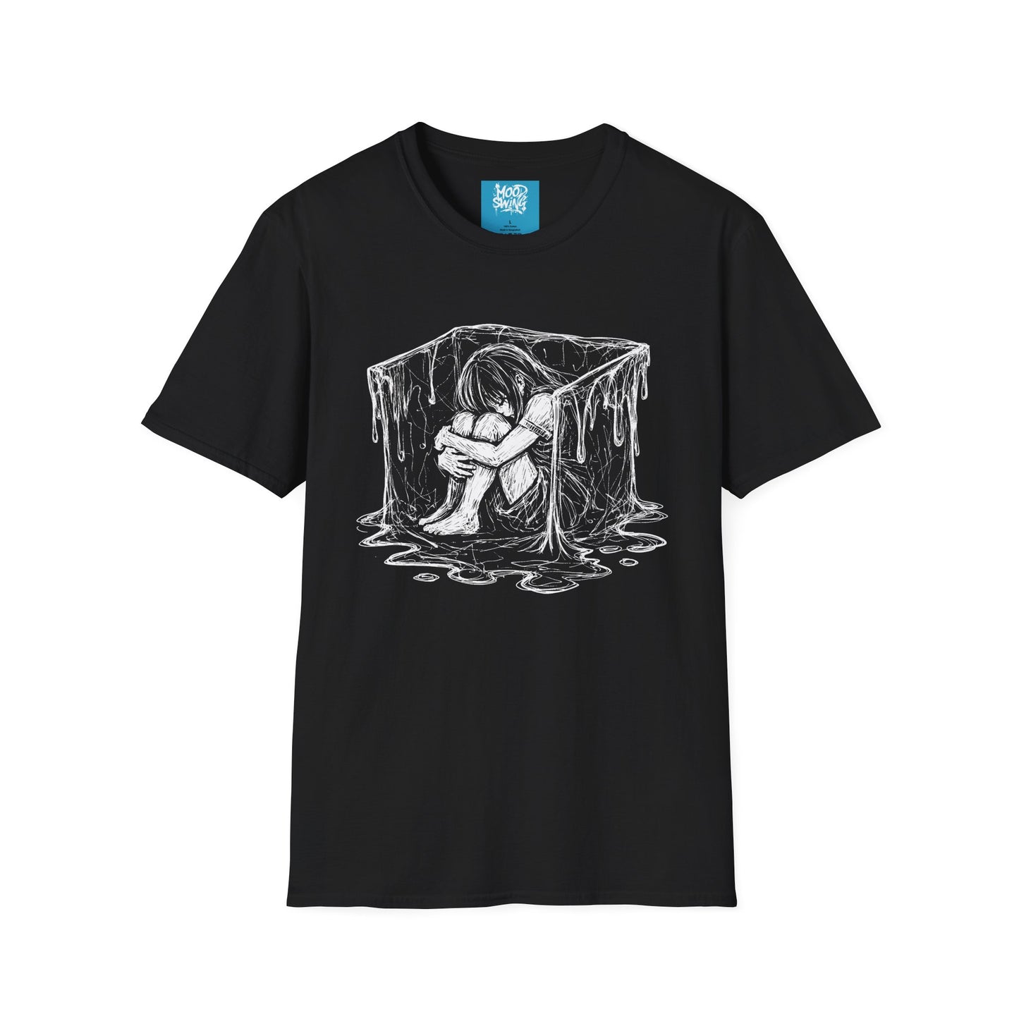 Gothic Melancholy T-Shirt — Sitting Girl in Melting Cube Illustration