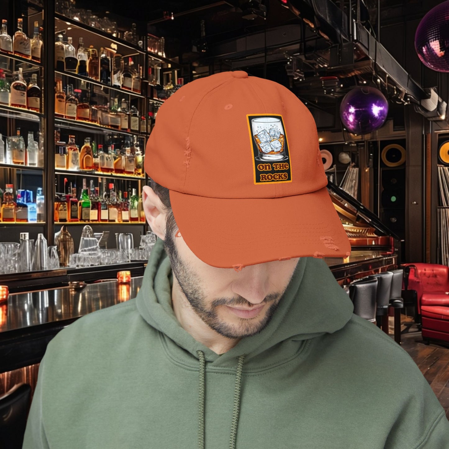 Unisex Distressed Cap - 'On The Rocks' Drink Design for Casual Cool Vibes