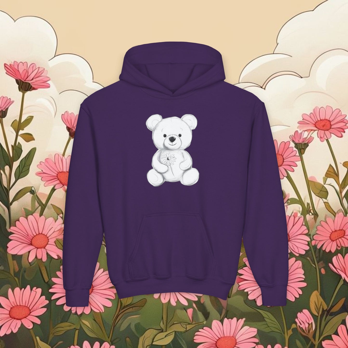 Adorable Bear Graphic Youth Hoodie - Cute Floral Design