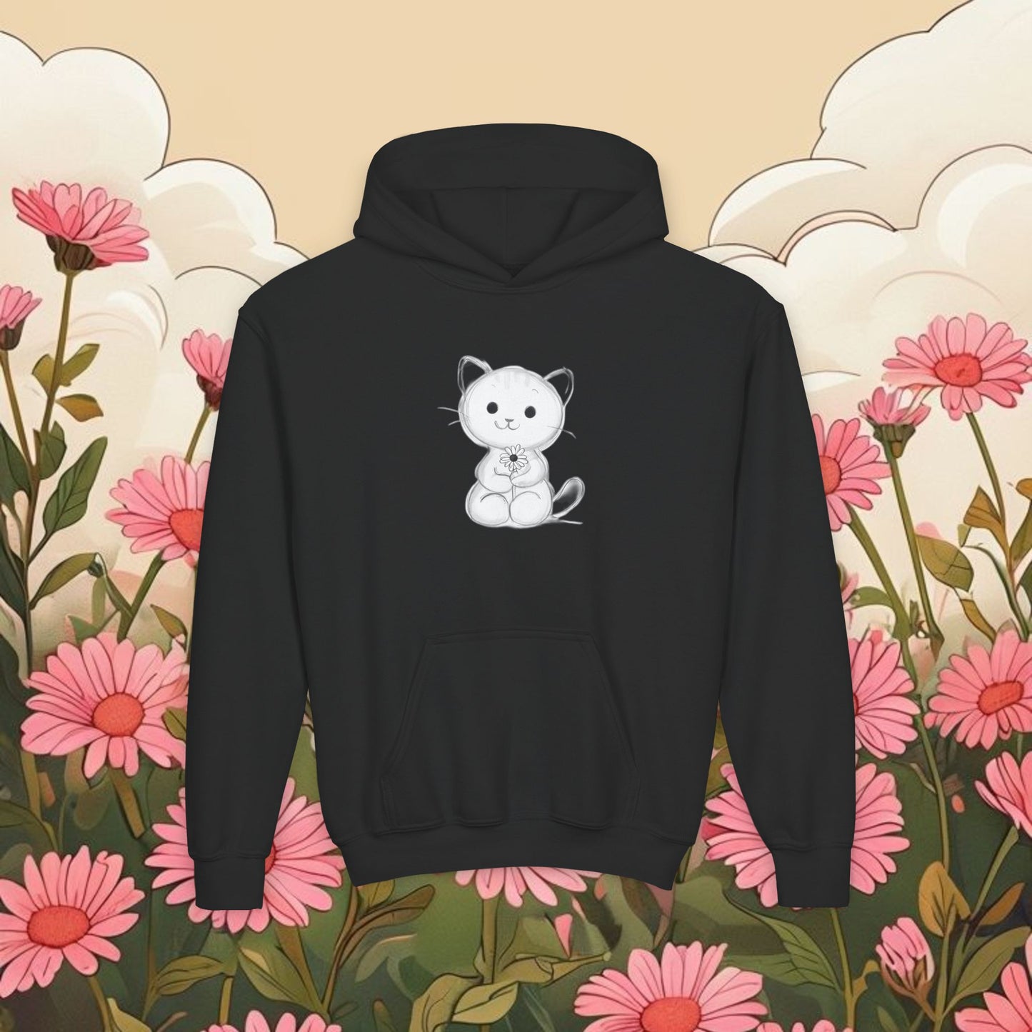 Adorable Cat Kitten Graphic Youth Hoodie - Cute Floral Design