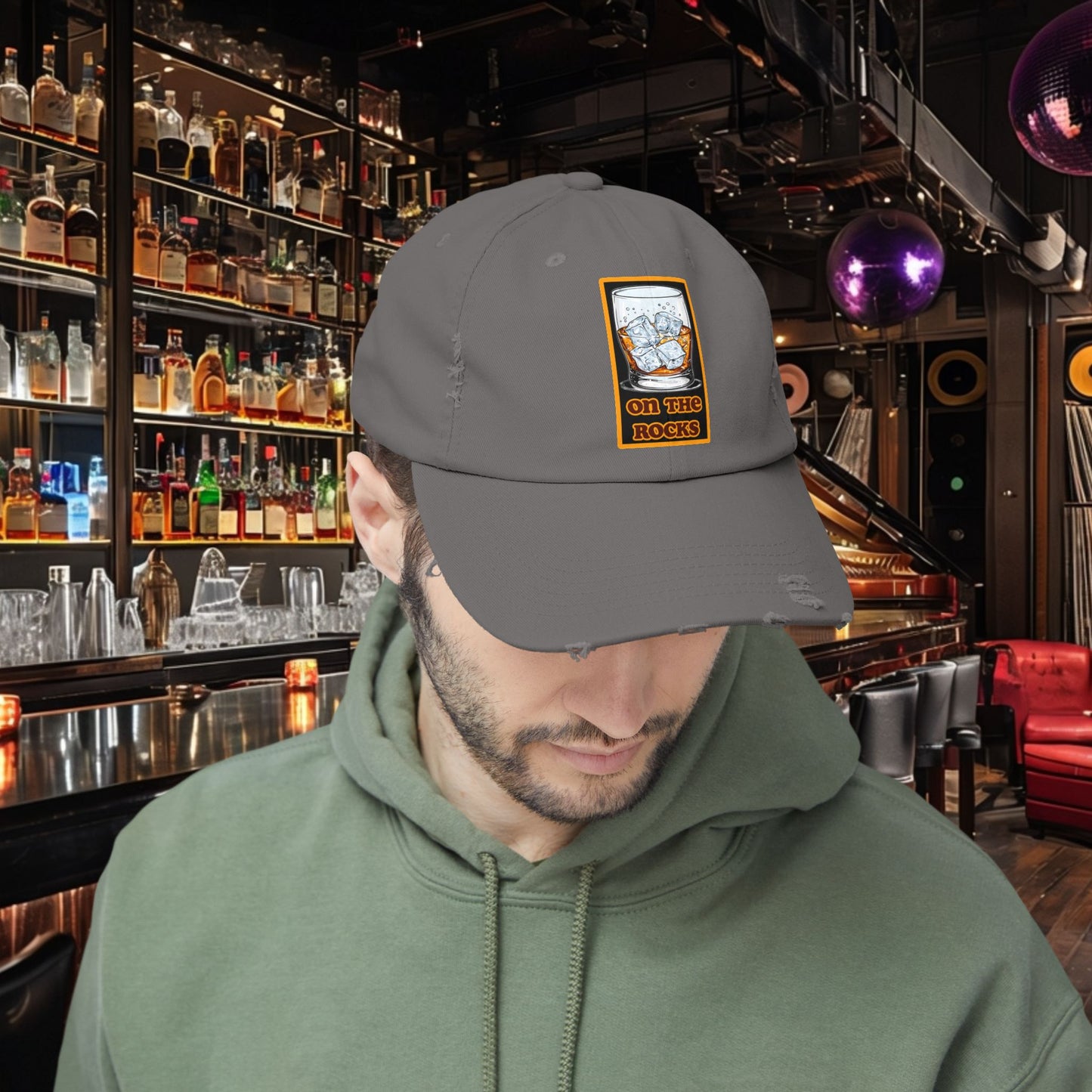 Unisex Distressed Cap - 'On The Rocks' Drink Design for Casual Cool Vibes