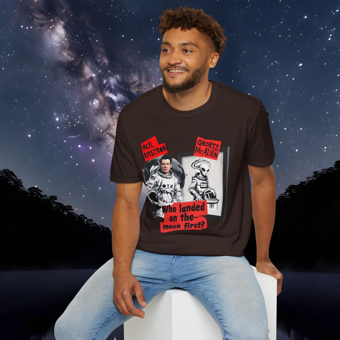 Space Humor Unisex Softstyle T-Shirt - Neil Armstrong & Alien Design