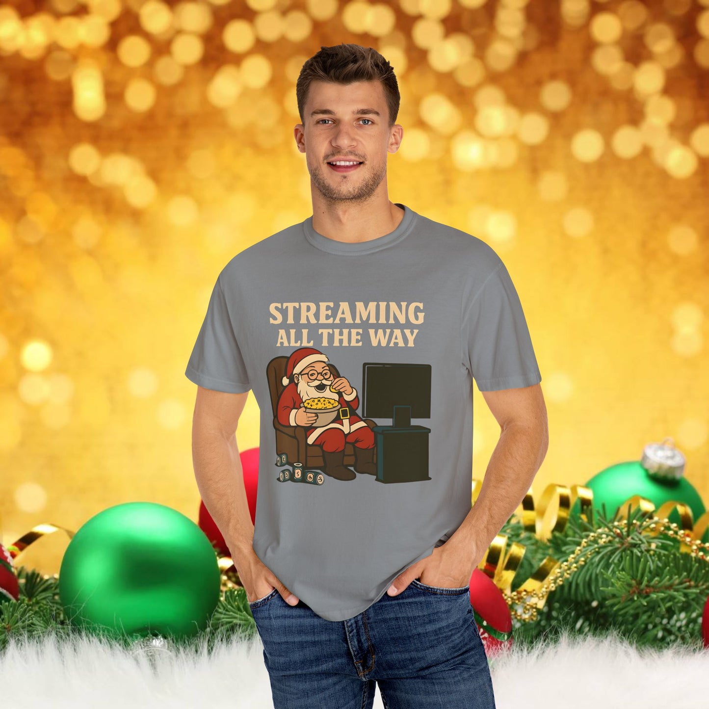 Streaming All The Way Santa Clause Christmas T-Shirt — Funny Santa Binge-Watching Holiday Tee