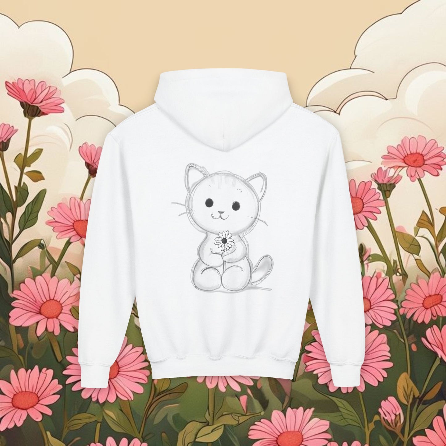 Adorable Cat Kitten Graphic Youth Hoodie - Cute Floral Design