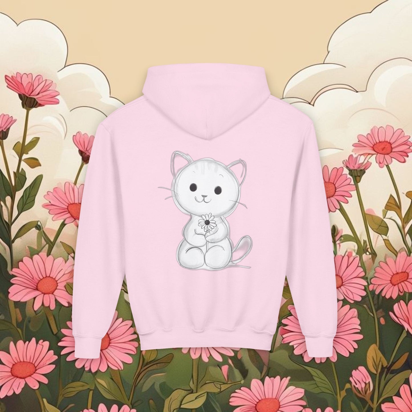 Adorable Cat Kitten Graphic Youth Hoodie - Cute Floral Design