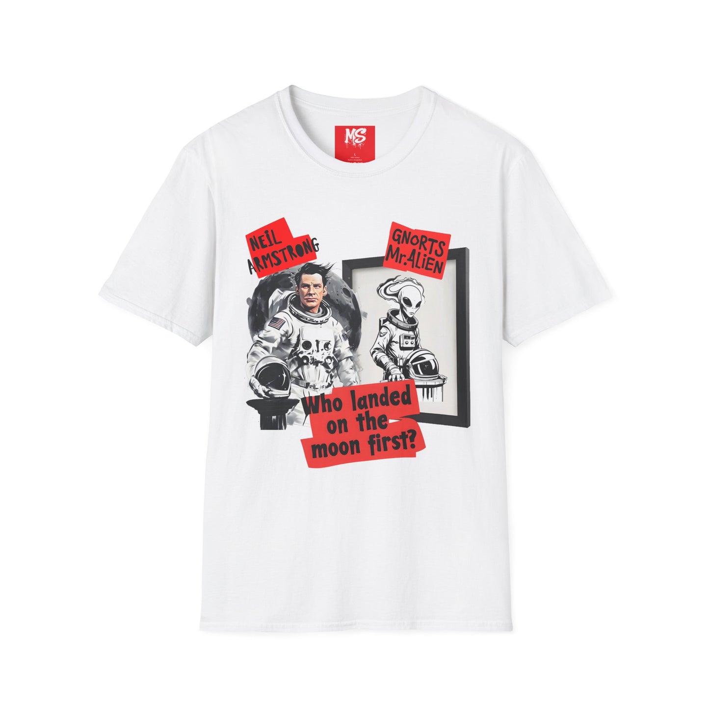 Space Humor Unisex Softstyle T-Shirt - Neil Armstrong & Alien Design