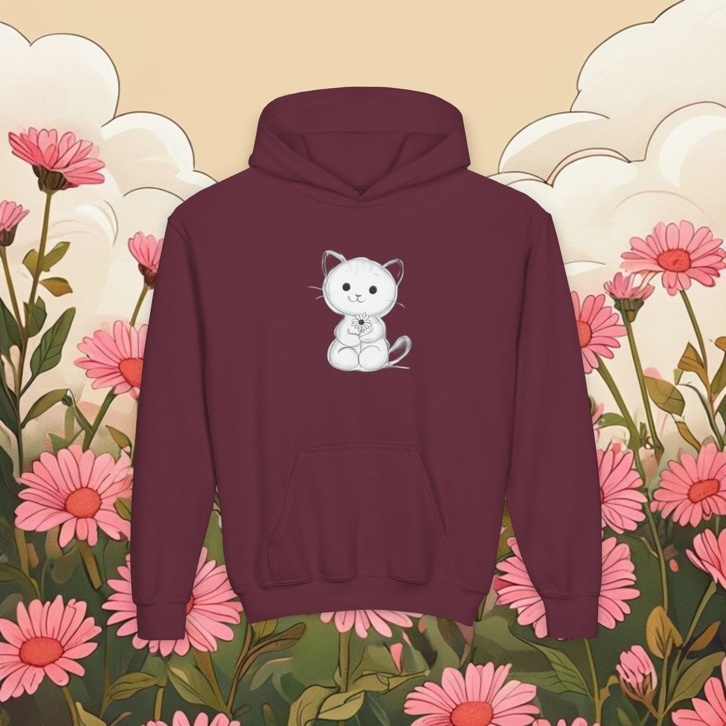 Adorable Cat Kitten Graphic Youth Hoodie - Cute Floral Design