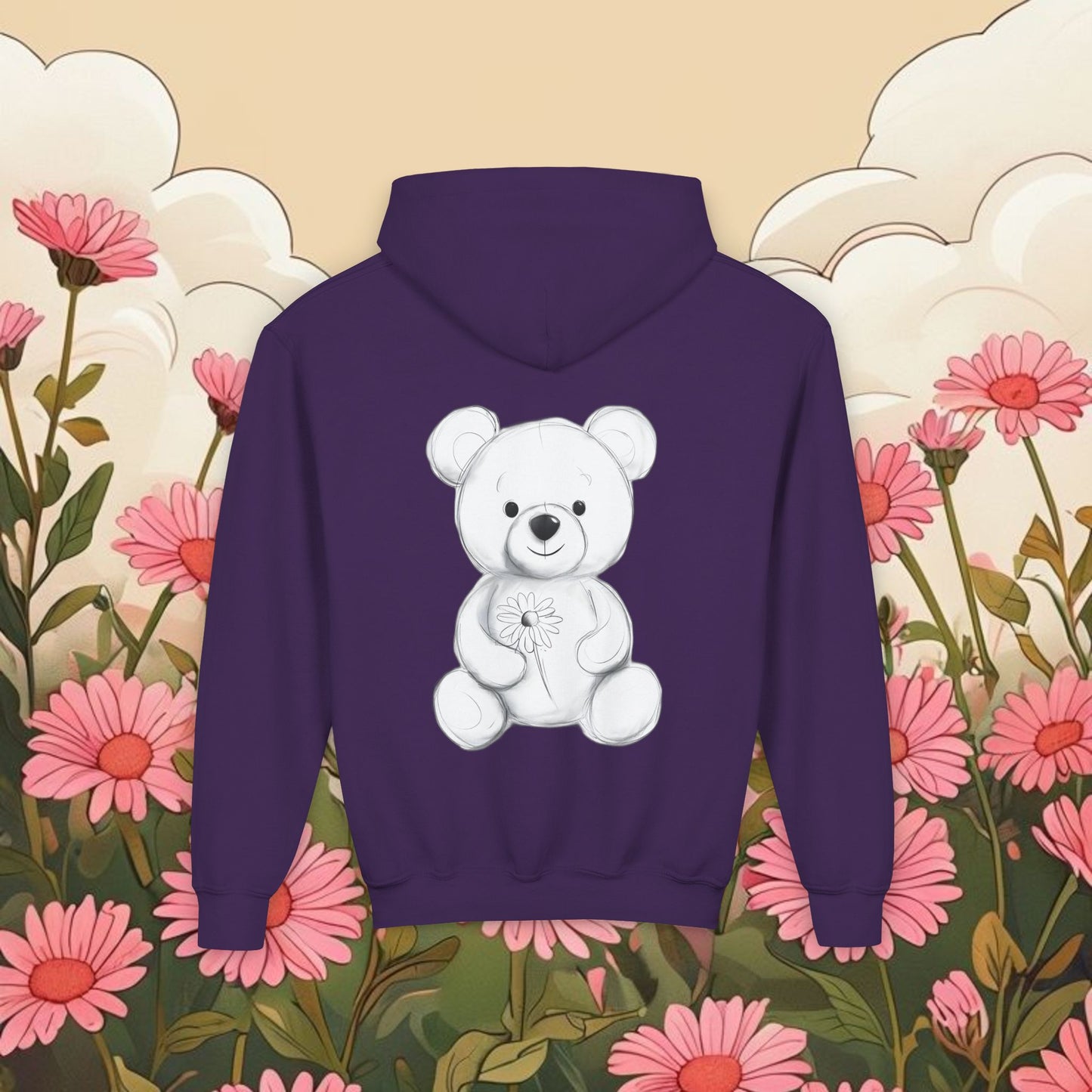 Adorable Bear Graphic Youth Hoodie - Cute Floral Design