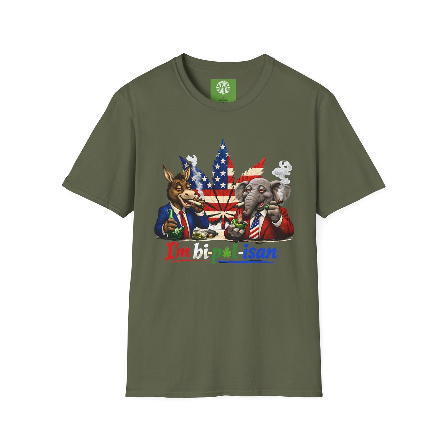 I'm bi-pot-isan Political pot weed T-Shirt — Bipartisan Elephant & Donkey Graphic
