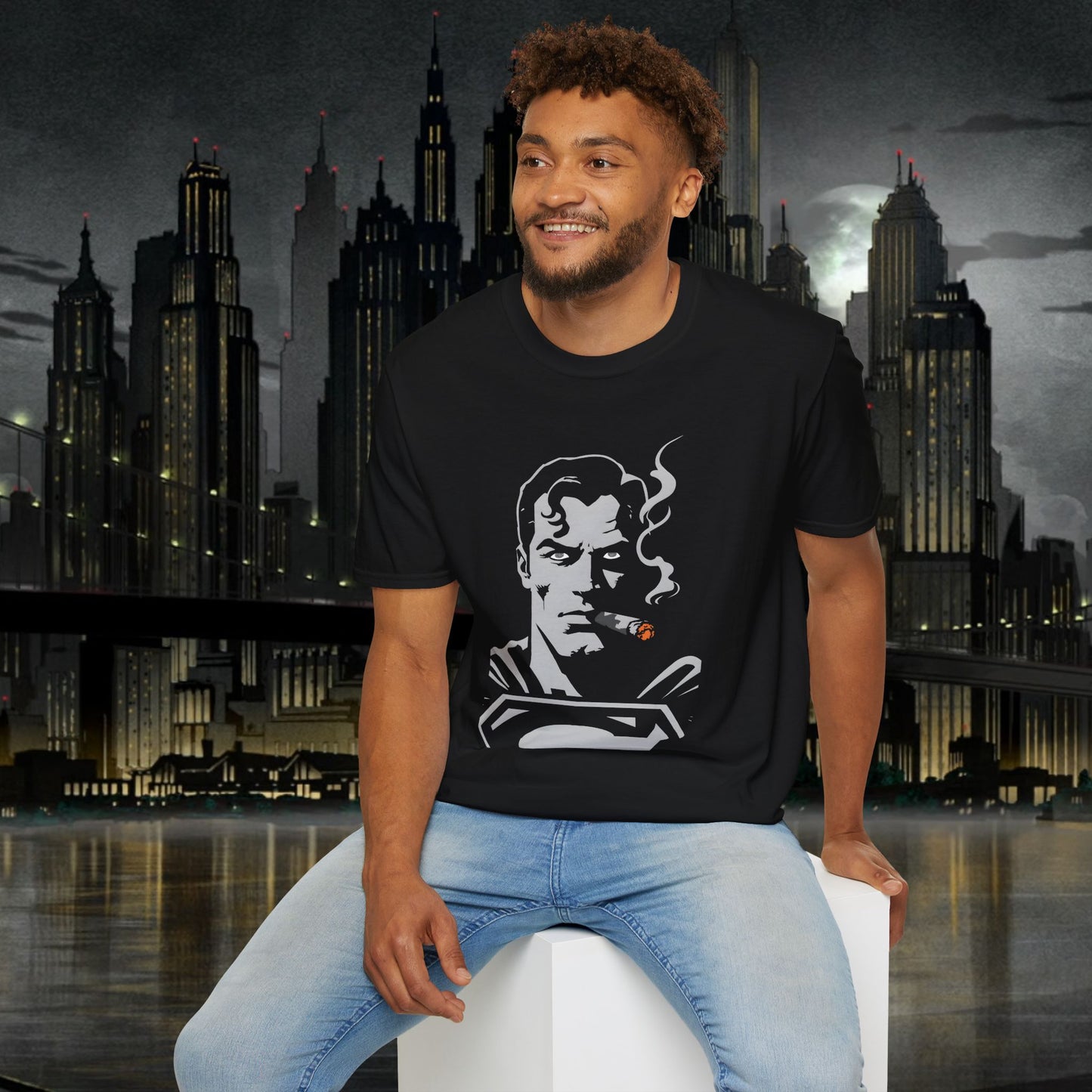 Superhero Superman Smoking Graphic T-Shirt - Unisex Softstyle