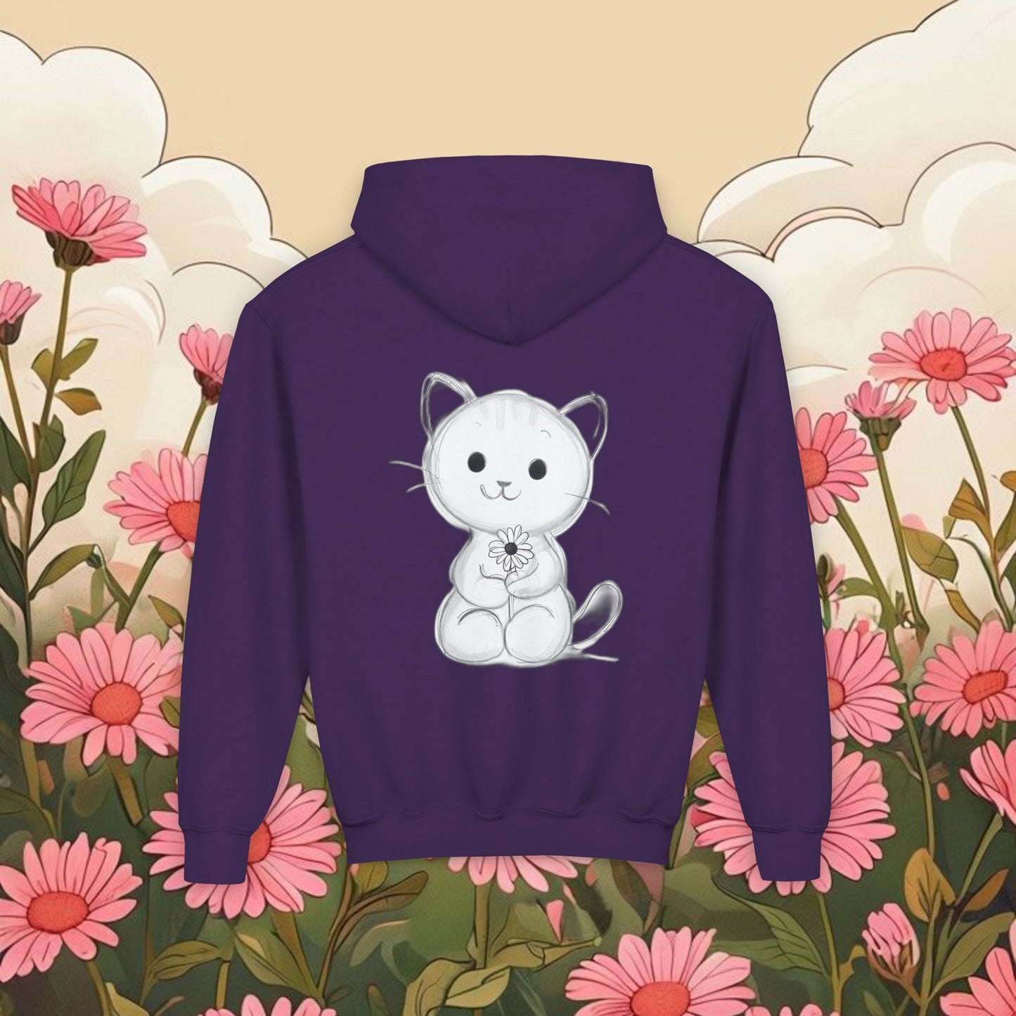 Adorable Cat Kitten Graphic Youth Hoodie - Cute Floral Design