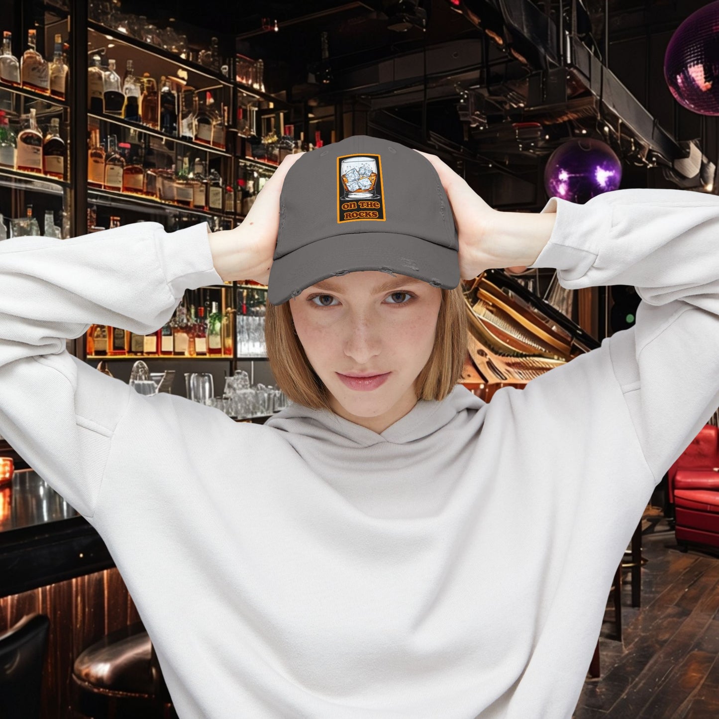 Unisex Distressed Cap - 'On The Rocks' Drink Design for Casual Cool Vibes
