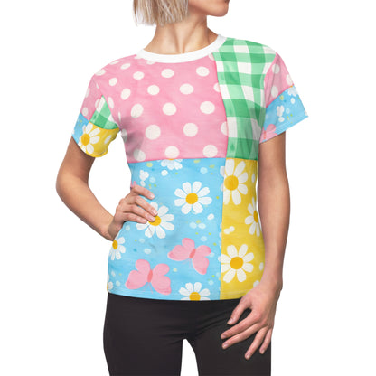 Women's Patchwork Floral spring Tee — Pastel Daisy & Polka Dot All-Over Print