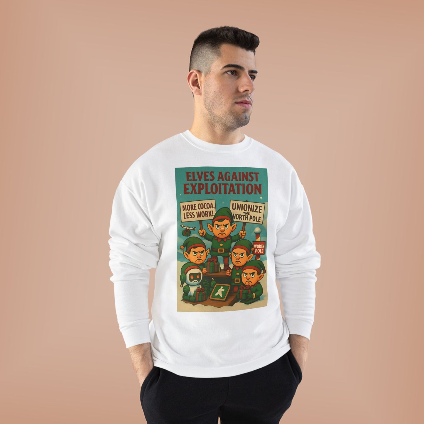 Elves Against Exploitation Sweatshirt, on strike labor — Holiday Activist Crewneck