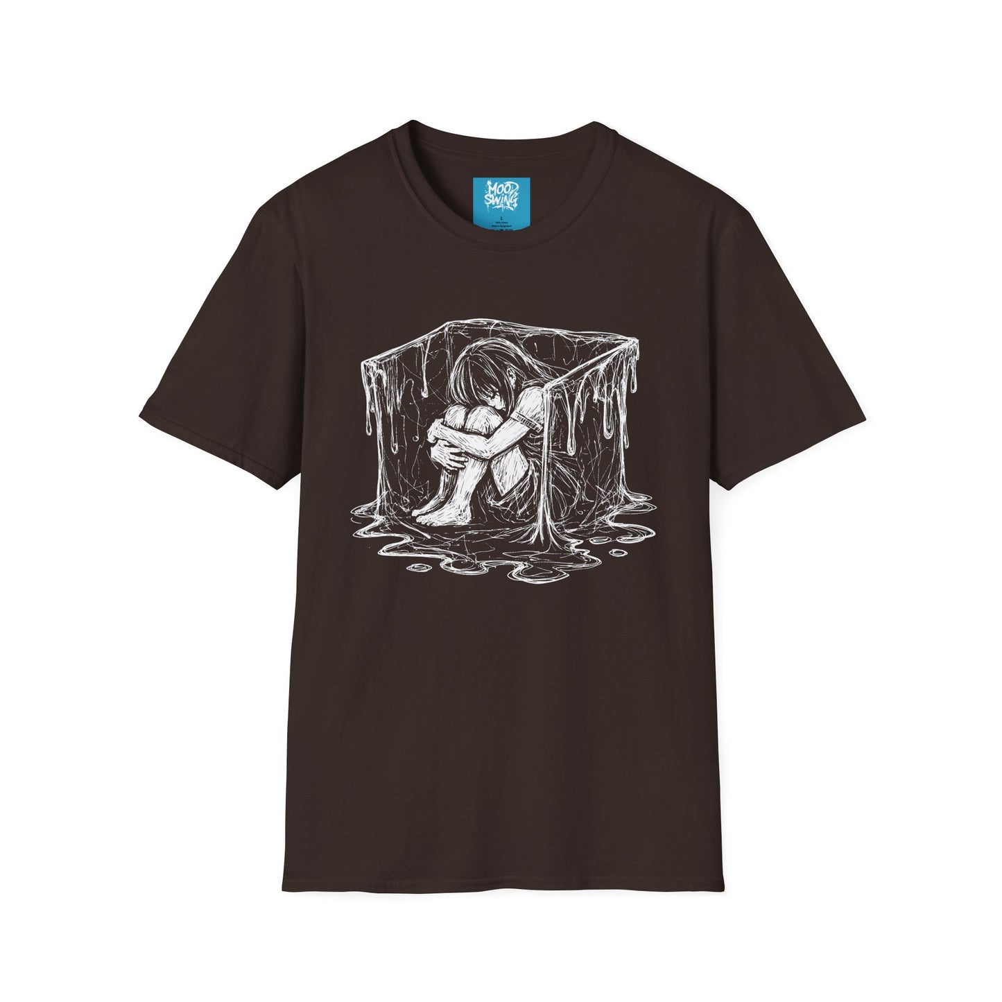Gothic Melancholy T-Shirt — Sitting Girl in Melting Cube Illustration