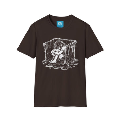 Gothic Melancholy T-Shirt — Sitting Girl in Melting Cube Illustration