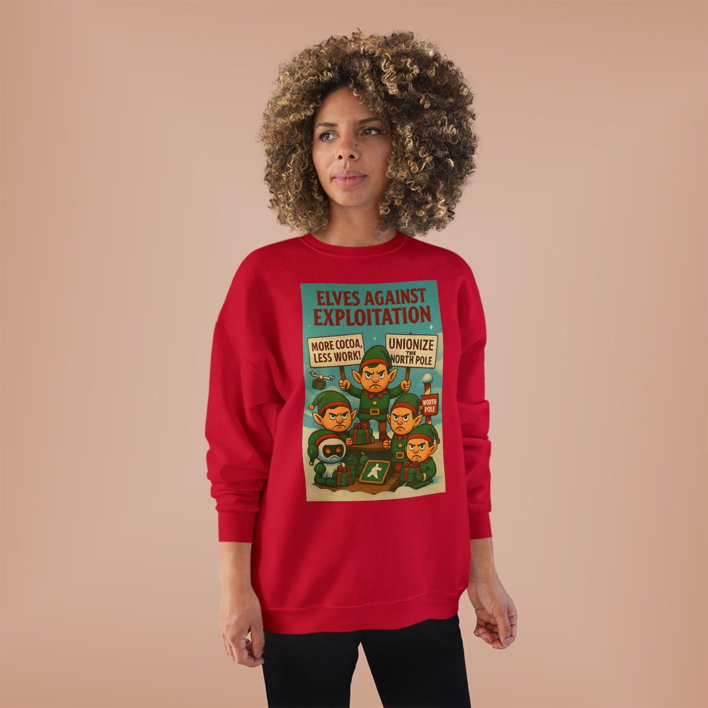 Elves Against Exploitation Sweatshirt, on strike labor — Holiday Activist Crewneck