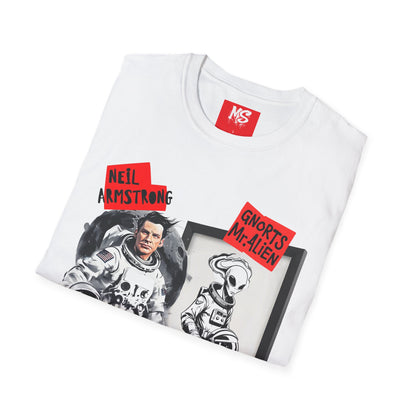 Space Humor Unisex Softstyle T-Shirt - Neil Armstrong & Alien Design