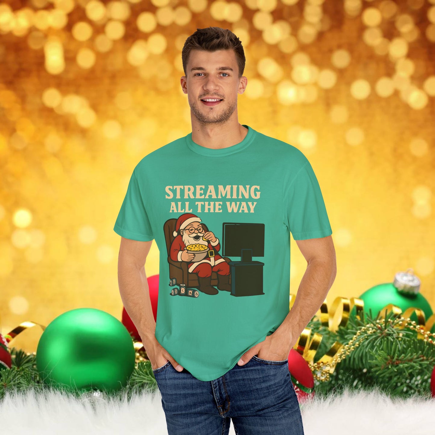 Streaming All The Way Santa Clause Christmas T-Shirt — Funny Santa Binge-Watching Holiday Tee