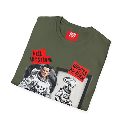 Space Humor Unisex Softstyle T-Shirt - Neil Armstrong & Alien Design