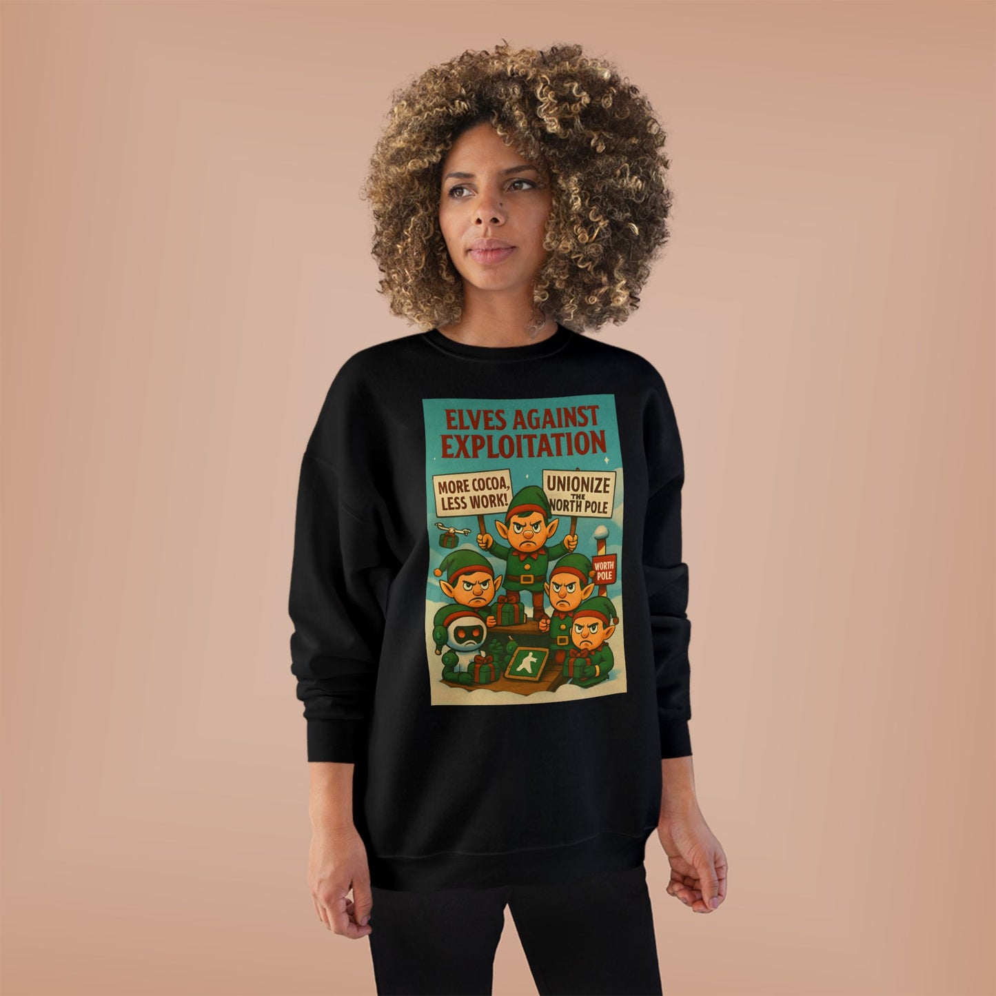 Elves Against Exploitation Sweatshirt, on strike labor — Holiday Activist Crewneck