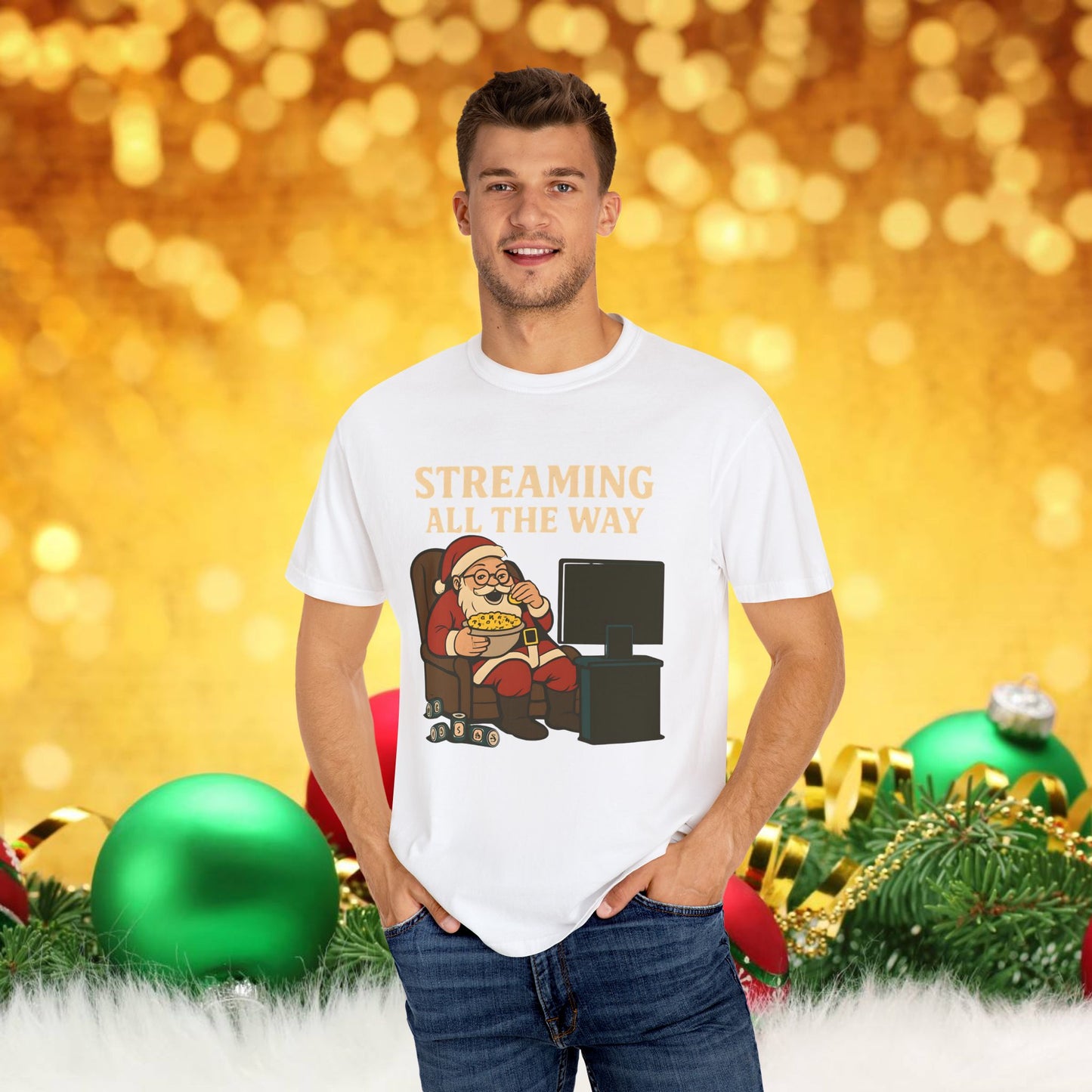Streaming All The Way Santa Clause Christmas T-Shirt — Funny Santa Binge-Watching Holiday Tee