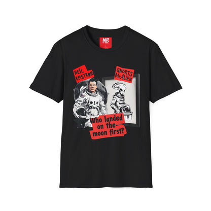 Space Humor Unisex Softstyle T-Shirt - Neil Armstrong & Alien Design