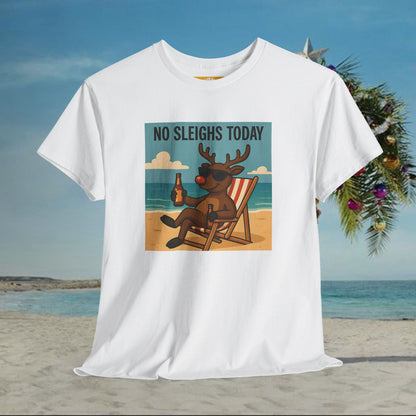 No Sleighs Today Christmas T-Shirt — Relaxing Reindeer Beach Holiday Tee
