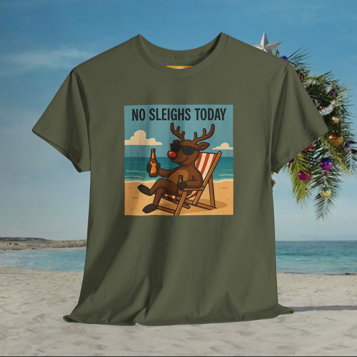 No Sleighs Today Christmas T-Shirt — Relaxing Reindeer Beach Holiday Tee