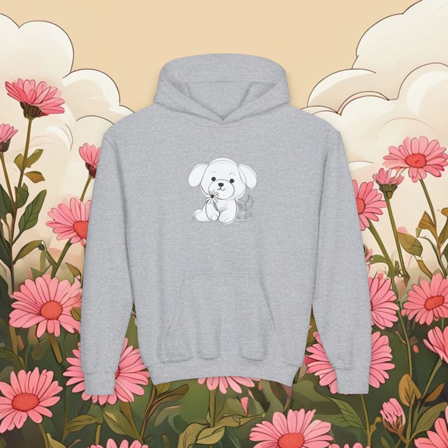 Adorable dog puppy Graphic Youth Hoodie - Cute Floral Design
