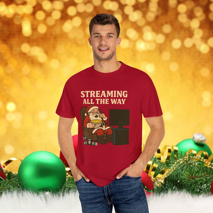 Streaming All The Way Santa Clause Christmas T-Shirt — Funny Santa Binge-Watching Holiday Tee